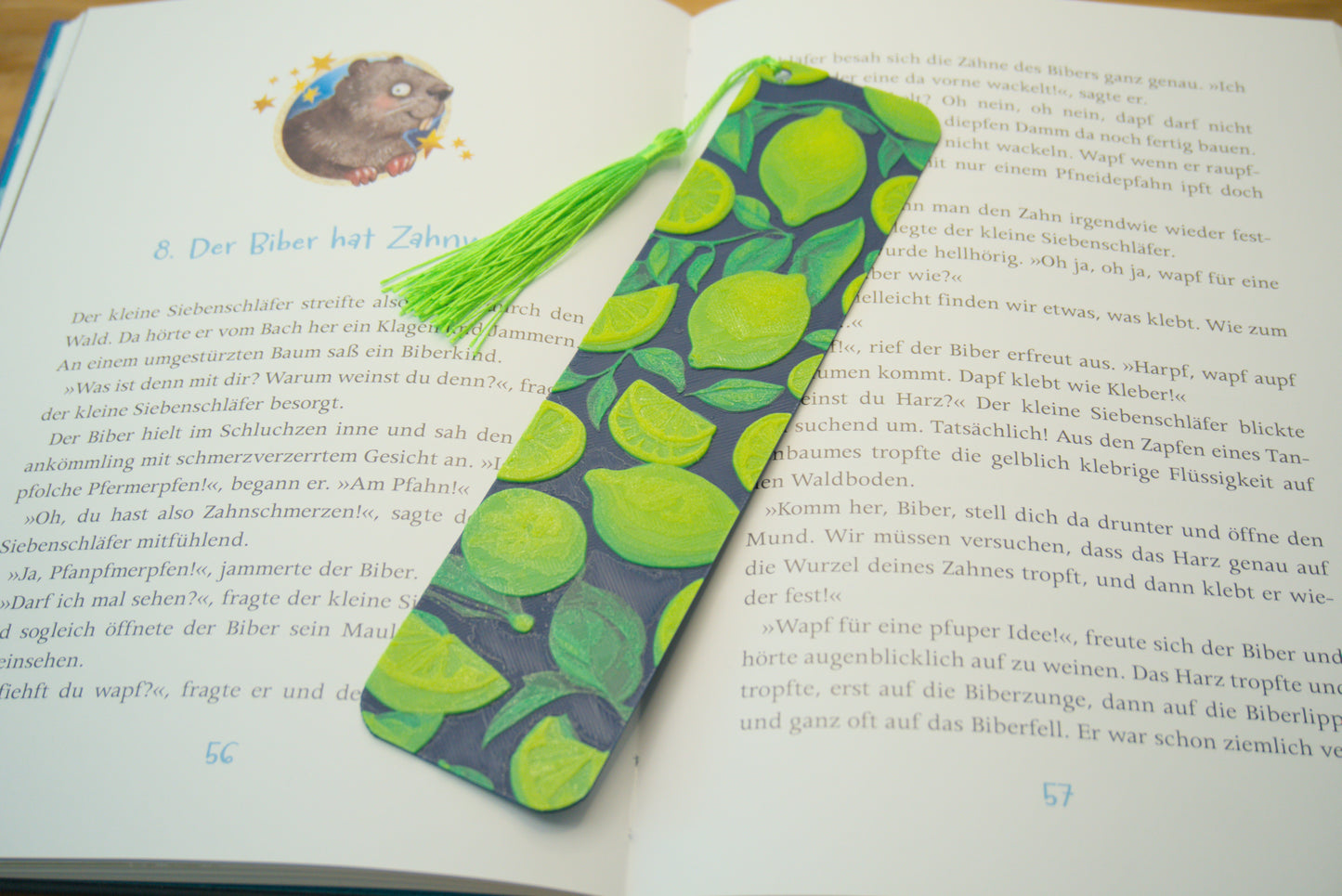 Lesezeichen mit erfrischenden Zitronen und Blättern, sommerliches Design, wahlweise mit Quaste