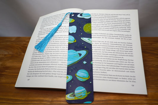 Lesezeichen mit Weltraummotiv, Planeten und Sterne, wahlweise mit oder ohne Quaste