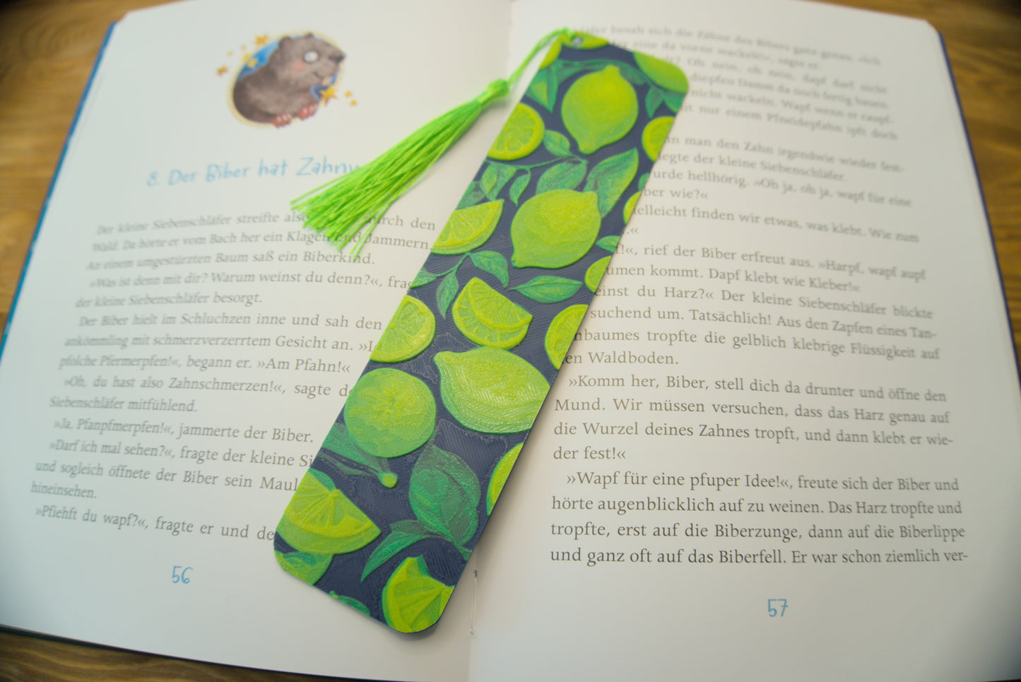 Lesezeichen mit Zitronen und grünen Blättern, wahlweise mit Quaste