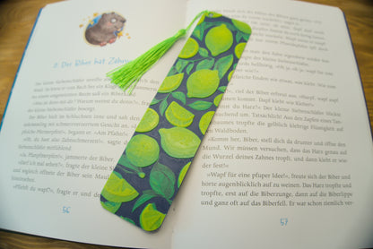 Lesezeichen mit Zitronen und grünen Blättern, wahlweise mit Quaste