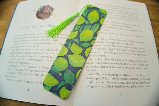 Lesezeichen mit Zitronen und grünen Blättern, wahlweise mit Quaste