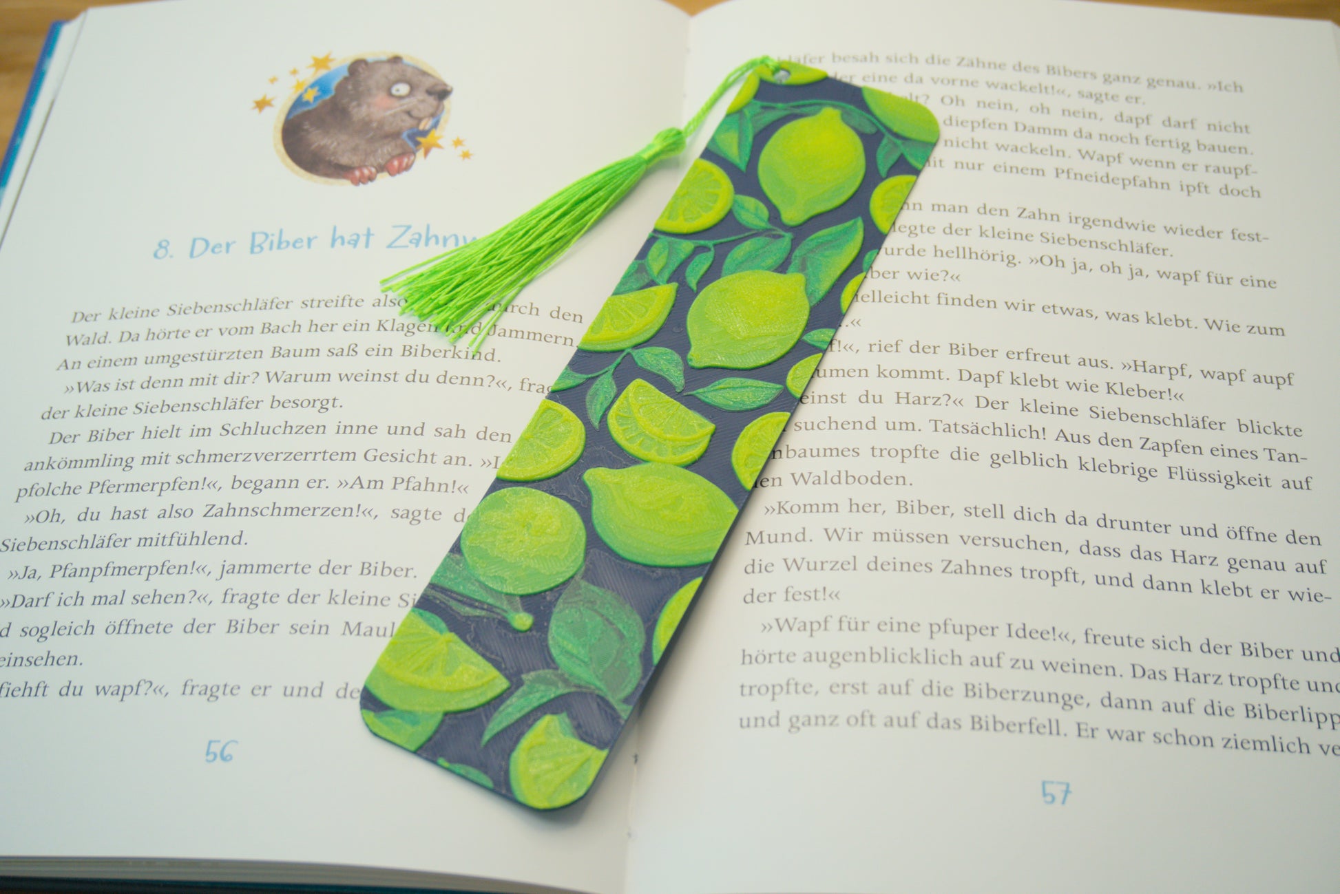 Lesezeichen mit erfrischenden Zitronen und Blättern, sommerliches Design, wahlweise mit Quaste